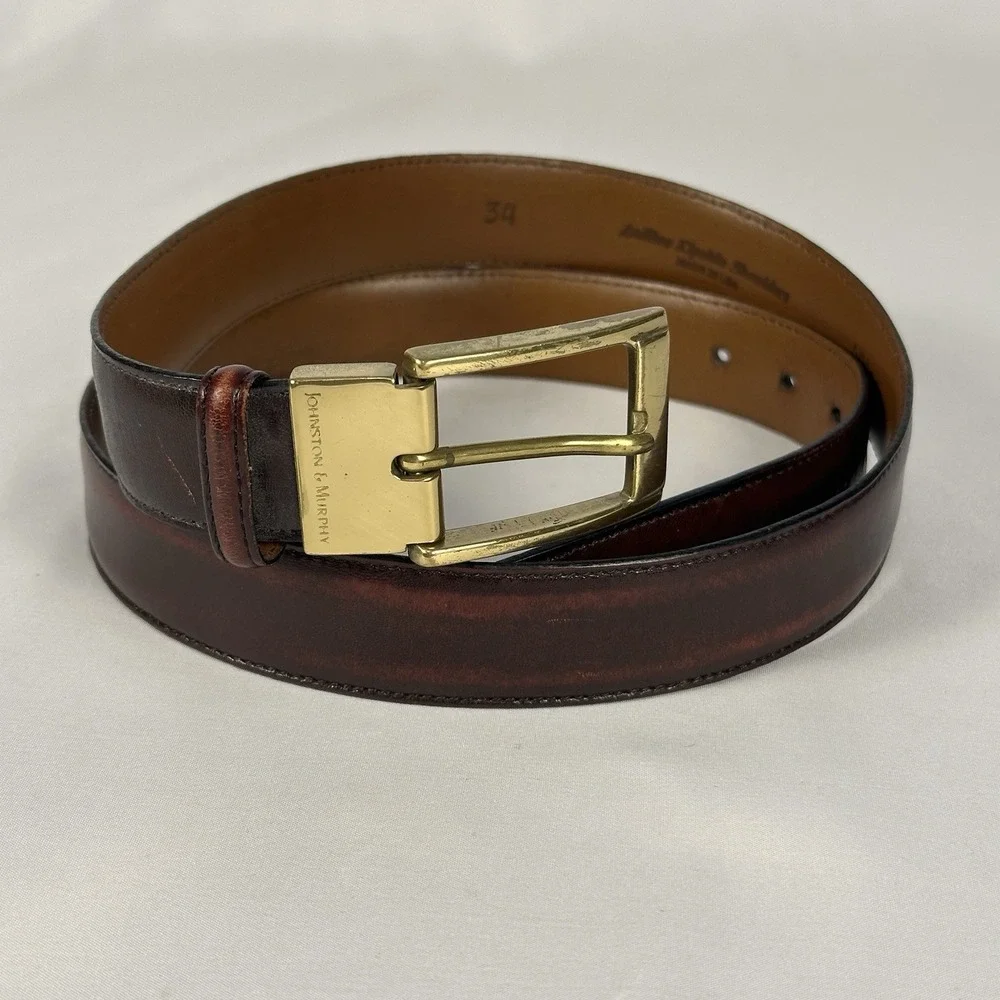 Johnston & Murphy Leather Dress Belt Mens Size 34 Brown Aniline Kipskin USA Made
